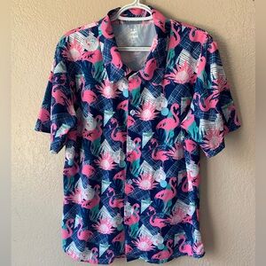 USKOY Pink Blue Flamingo Golf Activewear Button Down Shirt Size M